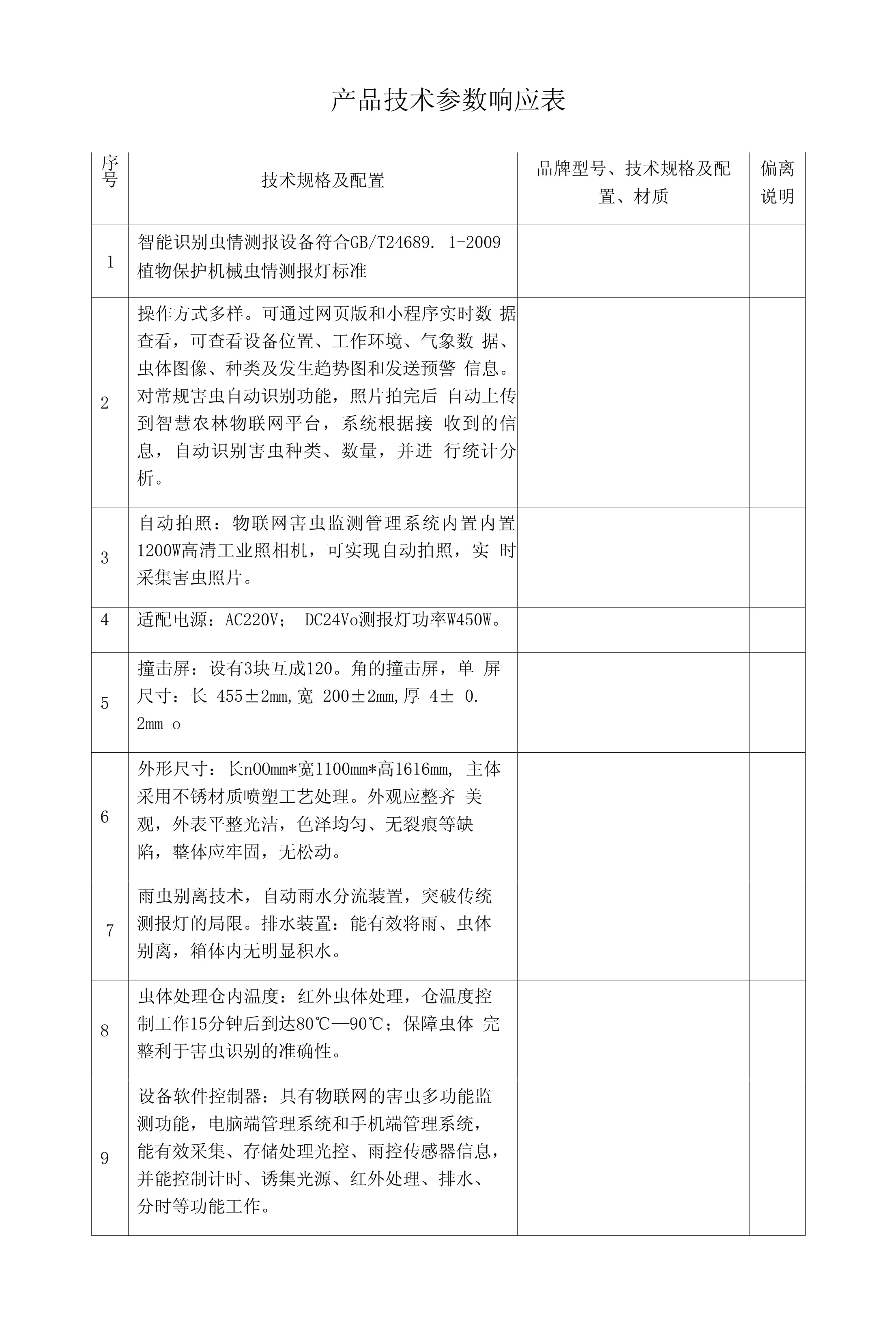技术开发方案与产品技术参数响应表概览